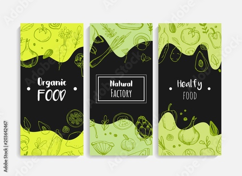 Vegetables vertical banner collection. Linear graphic. Healthy food. Vector illustration.