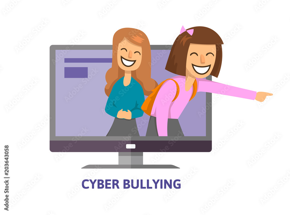 Cyberbullying, trolling. Teenage girls laughing and pointing from computer monitor. Concept vector illustration. Flat style. Isolated on white background. Cyberbullying, trolling. Teenage girls laughing and pointing from computer monitor. Concept vector illustration. Flat style. Isolated on white background.