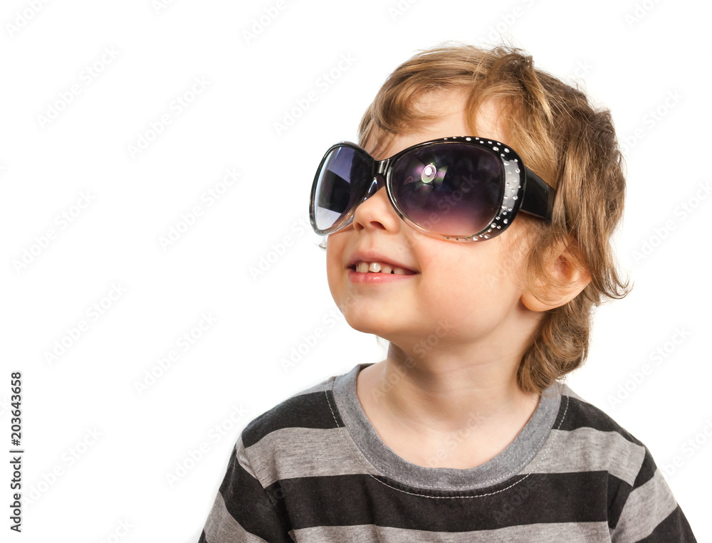 Portrait of cute toddler wearing sunglasses. Isolated on white Portrait of cute toddler wearing sunglasses. Isolated on white