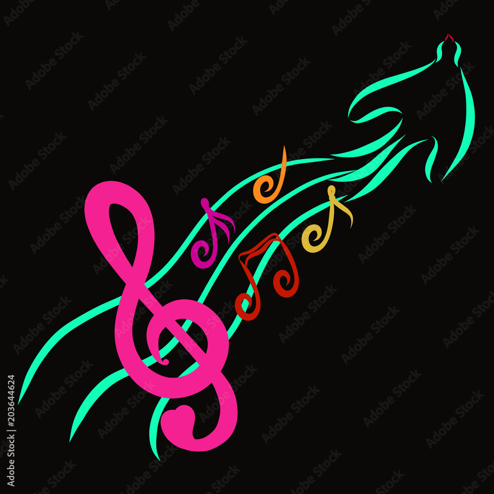 Naklejka premium A treble clef with a heart and notes on the tail of a bird