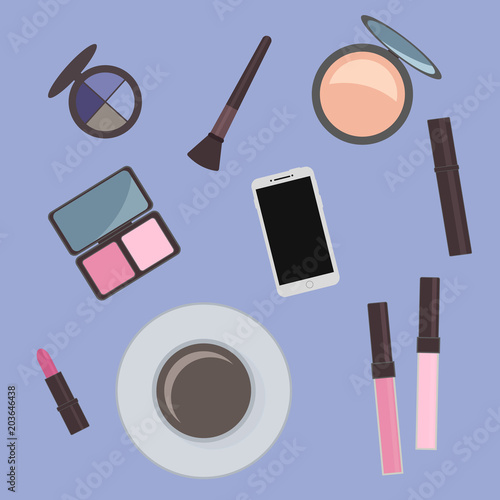 Flat lay cosmetics accessories and cup of coffee. Vanity table. Concept of beauty, fashion, glamour. Vector design for beauty salons, bloggers, social media, websites, logo, cards, etc.