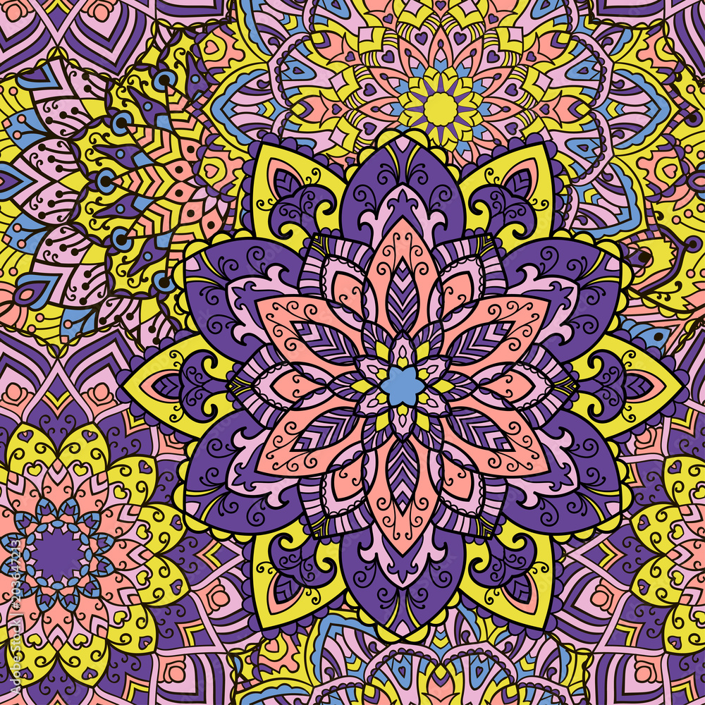 Seamless mandala pattern for printing on fabric or paper. Hand drawn background. Colorful, bright print.