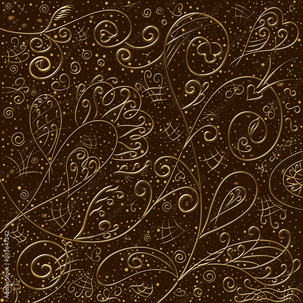 Background with exquisite golden retro pattern, hearts, curls and flowers Background with exquisite golden retro pattern, hearts, curls and flowers
