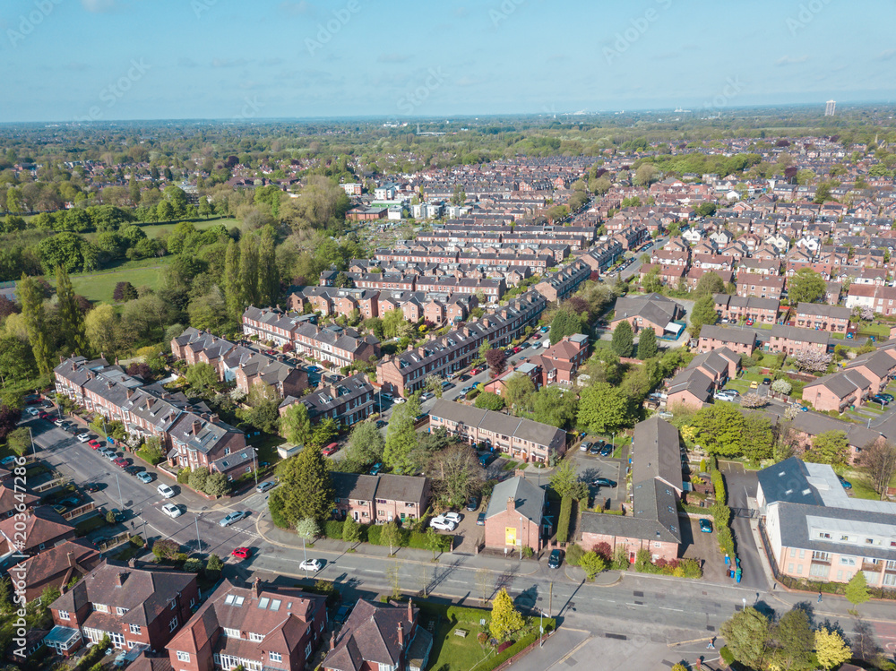 Ariel drone view houses in Manchester England Residential
