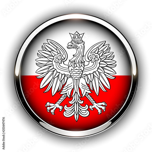 Poland flag button with eagle, 3d shiny vector icon