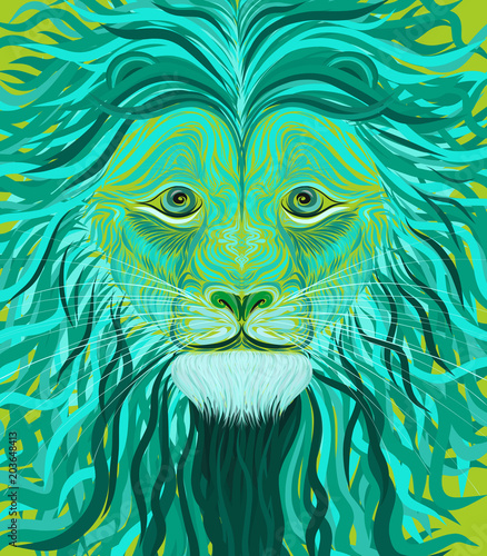Creative image of a lion with a magnificent mane, smooth neon lines