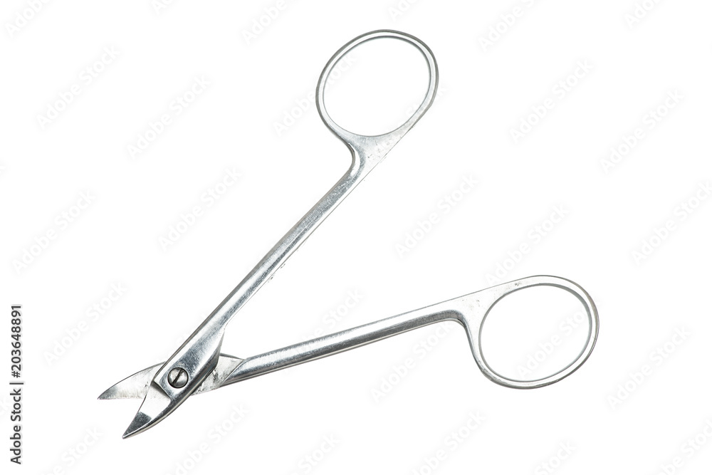 Crown scissors close-up on white background. Vertical-curved, high-durability. Isolated image of medical scissors. Vintage image of dental tool. Crown scissors close-up on white background. Vertical-curved, high-durability. Isolated image of medical scissors. Vintage image of dental tool.