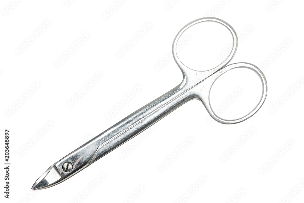 Crown scissors close-up on white background. Vertical-curved, high-durability. Isolated image of medical scissors. Vintage image of dental tool. Crown scissors close-up on white background. Vertical-curved, high-durability. Isolated image of medical scissors. Vintage image of dental tool.
