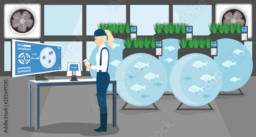 Growing plants in the greenhouse. Smart farm with wireless control. Eco farm with aquaponics system of planting vegetables. Vector illustration.