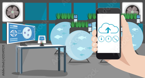 Growing plants in the greenhouse. Smart farm with wireless control. Eco farm with aquaponics system of planting vegetables. Vector illustration.