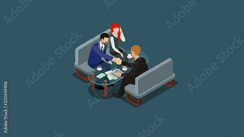 Negotiation animated concept reveal animation. Businessmen discussing terms of contract, shaking hands and making deal flat 3d isometric cartoon 4K video.