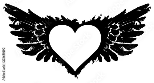 Vector graphic abstract illustration of white heart with black wings isolated on white background. Black and white flying heart. T-shirt design template