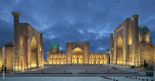 Samarkand at dusk. Historic Registan square with three madrasahs (static image with animated sky)

