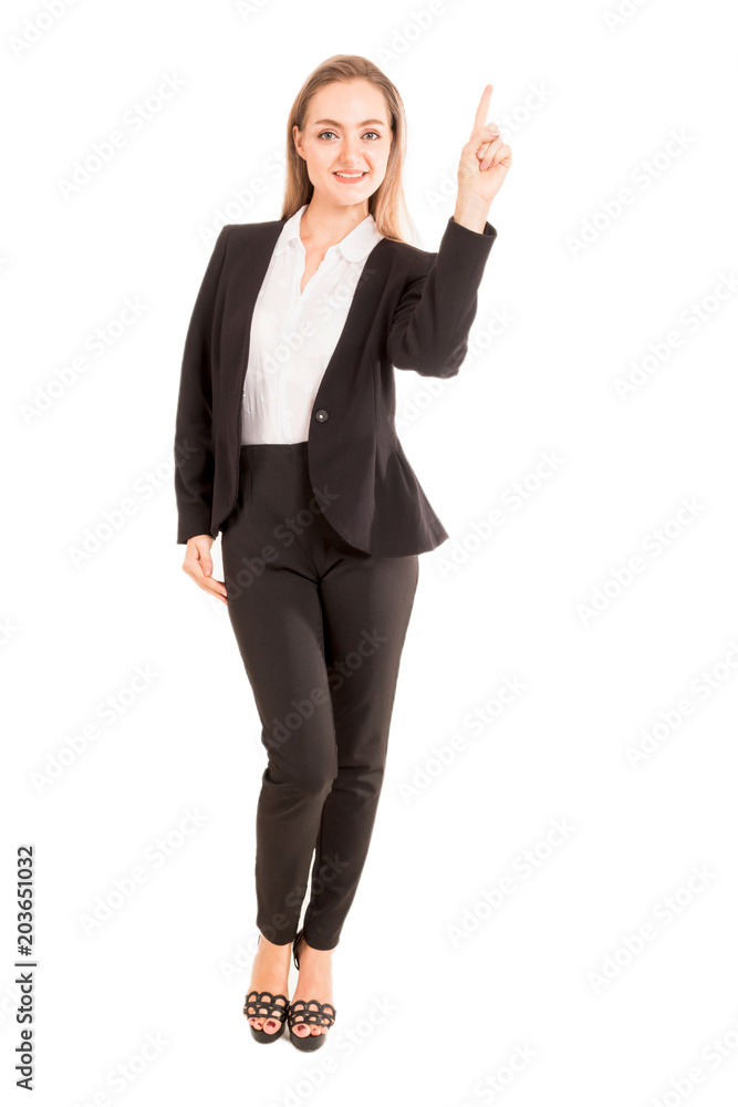 Beautiful woman pointing to empty copy space isolated on white background Beautiful woman pointing to empty copy space isolated on white background
