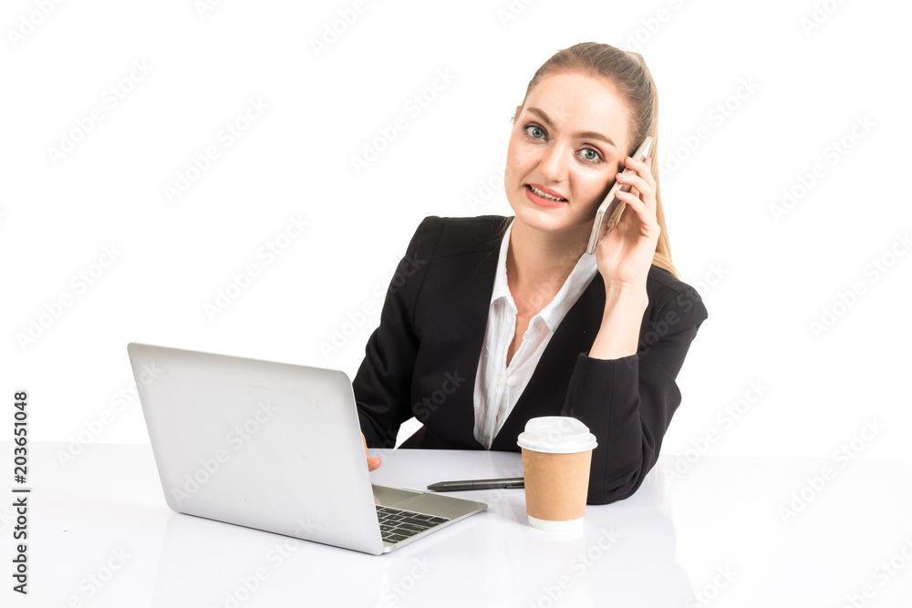Smiling businesswoman using a laptop computer isolated on white background Smiling businesswoman using a laptop computer isolated on white background
