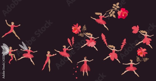 Fantasy dance of beautiful fairies and elves in red costumes. Spring flight of magic characters with flowers. Vector illustration.