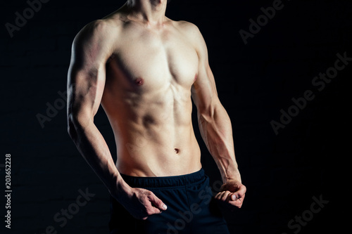torso of young man posing without shirt in the gym