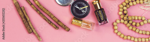 rosary,siwak, perfume and book, muslim compass 