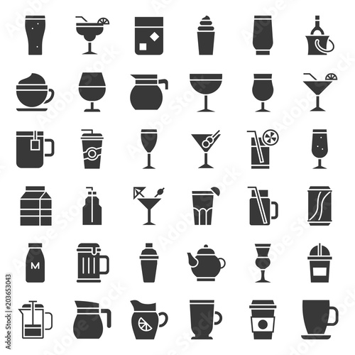 beverage and glass element set, solid icon vector