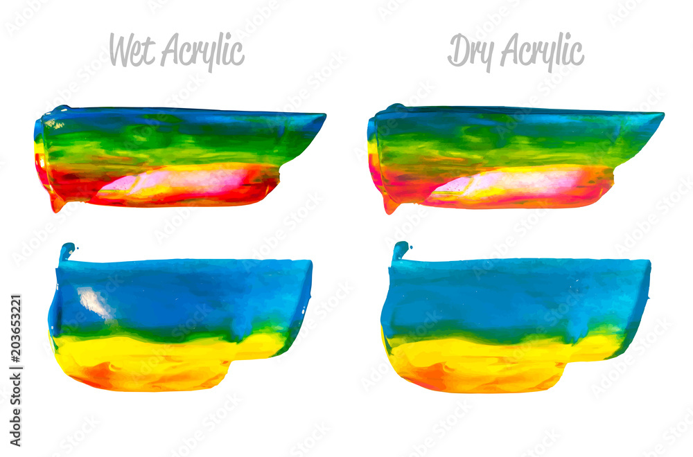 Obraz premium Vector purple, blue, yellow paint smear stroke stain set. Abstract acrylic textured art illustration. Acrilyc Texture Paint Illustration. Hand drawn brush strokes vector elements. Acrilyc strokes.