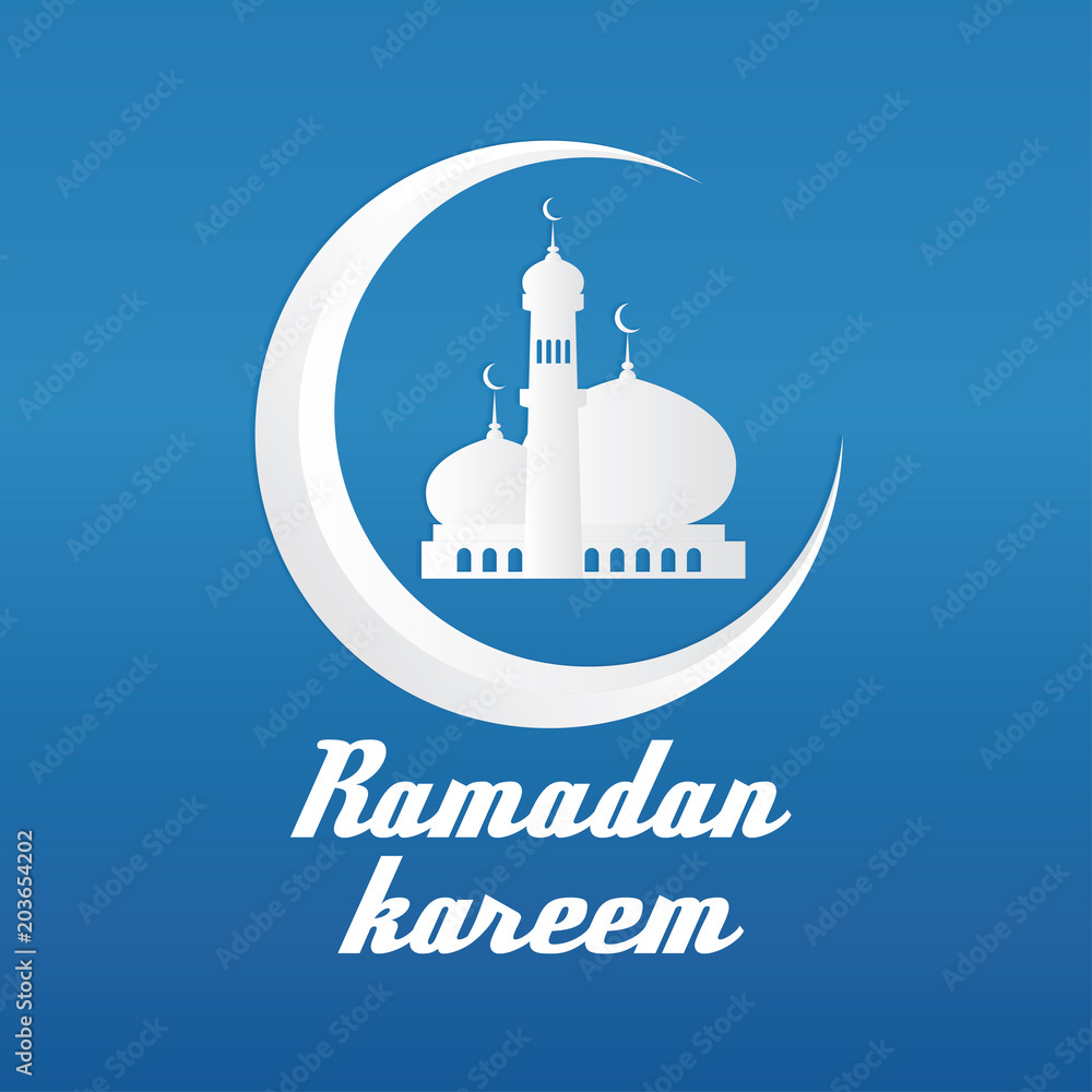 ramadan kareem greeting card design, art paper mosque blue background