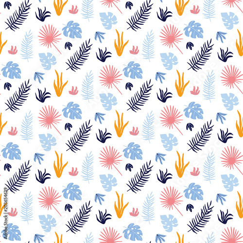 Colorful svector seamless pattern with tropical leaves. Summer print for fabric, wrapping, textile, wallpaper, etc.