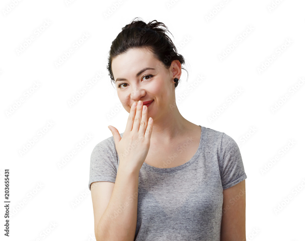 Oops! Surprised young mixed caucasian-asian race woman covering mouth with hand and staring at camera. Isolated on white. Oops! Surprised young mixed caucasian-asian race woman covering mouth with hand and staring at camera. Isolated on white.