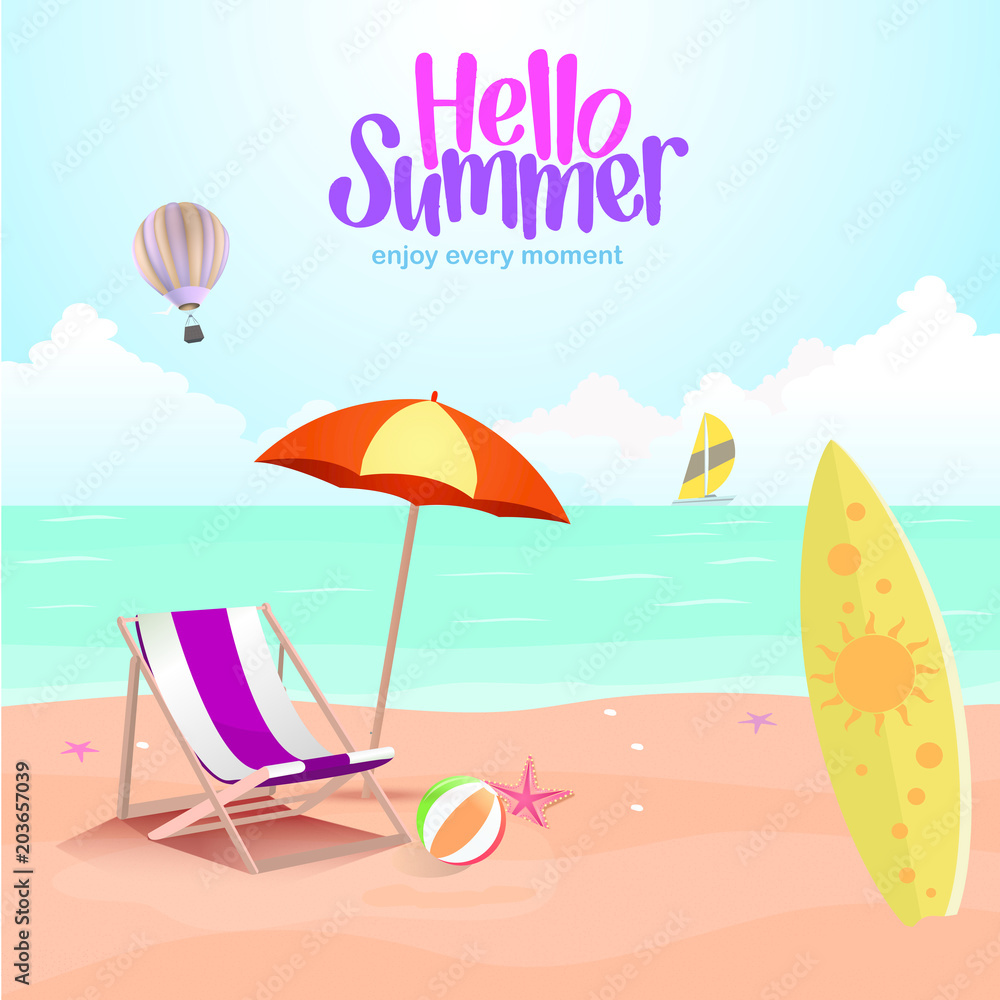 Summer Beach Vector Design in the Seashore with Beach Umbrella and Chair. Summer Background Vector Illustration for Beach Holidays