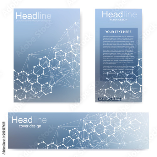 Set flyer, brochure size A4 template,banner. Molecular structure with connected lines and dots. Scientific pattern atom DNA with elements for magazine, leaflet, cover, poster design.