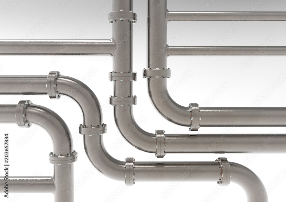 Equipment, metal piping of industrial plant, front view 3D rendering. Equipment, metal piping of industrial plant, front view 3D rendering.