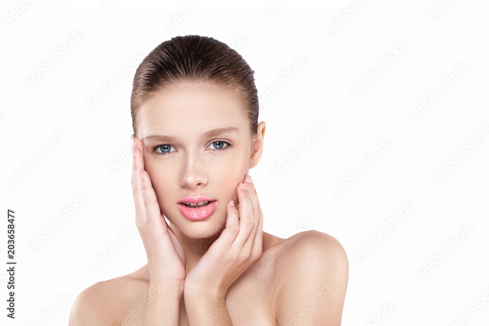 beauty of a woman's face. Natural makeup, pink lips, clean skin. Isolated white background. beauty of a woman's face. Natural makeup, pink lips, clean skin. Isolated white background.
