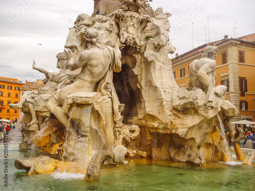 Details of the famous Dei Quattro Fiumi Fountain, Rome, Italy. Fountain created in 1651 by Gian Lorenzo Bernini.