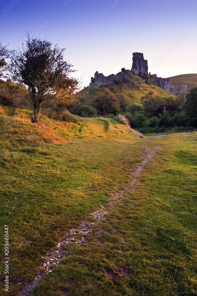 Old medieval castle ruins in vibrant Summer sunrise landscape image