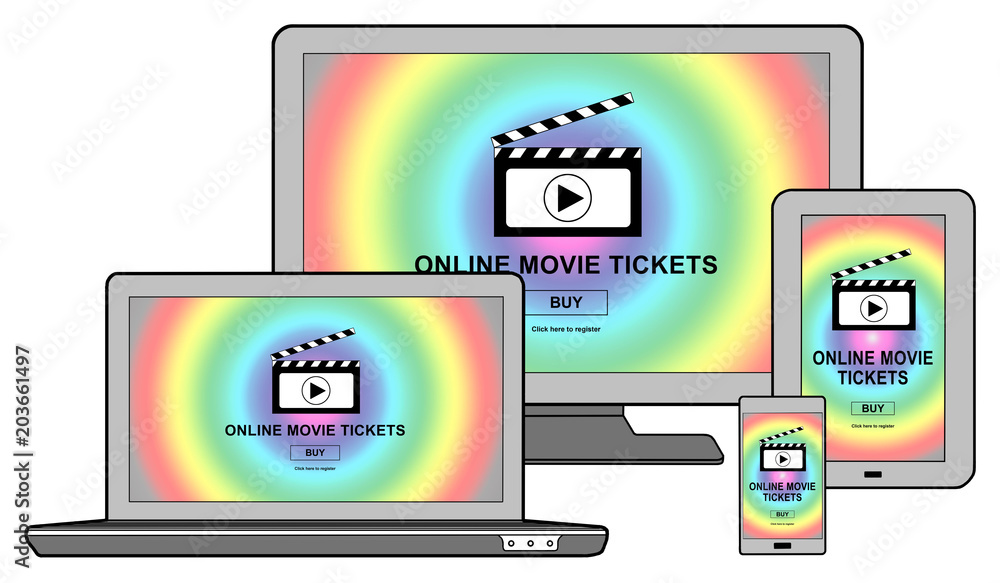 Online movie tickets buying concept on different devices Online movie tickets buying concept on different devices