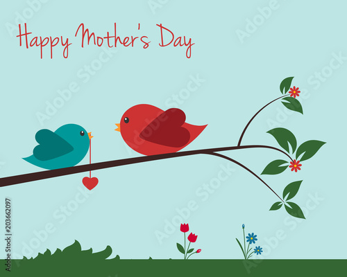 Mother's day card with birds on a branch with heart on string