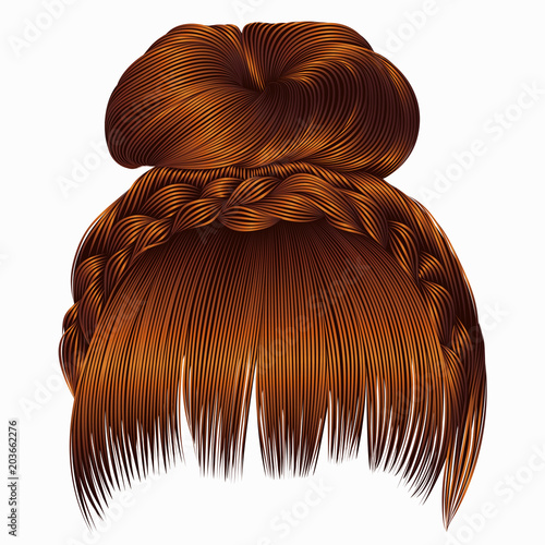 bun with plait and fringe. hairs Ginger colors . women fashion beauty style .