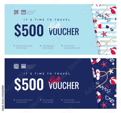 Set of summer gift vouches for kids and baby goods .  Gift certificate for a holiday.  Vector flat illustration