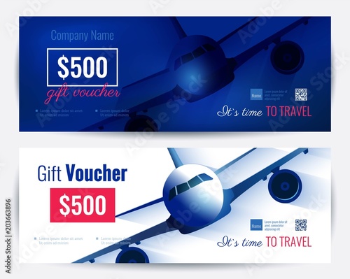 Set of gift travel voucher template.  Gift certificate for a holiday.  Vector flat illustration