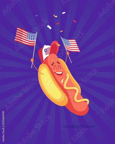 Funny cartoon hot dog holding usa flag. Vector illustration