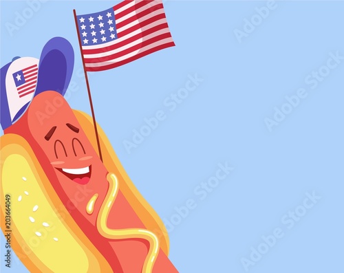 Funny cartoon hot dog with usa flag. Vector illustration
