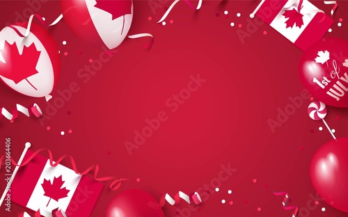 1st of July. Canada independence day celebration background with balloons, flag and confetti. Festive frame flat lay. Vector illustration