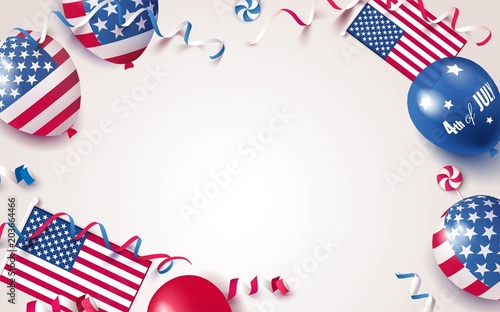 4th of July. USA independence day celebration background with balloons, flag and confetti. Festive border flat lay. Vector illustration