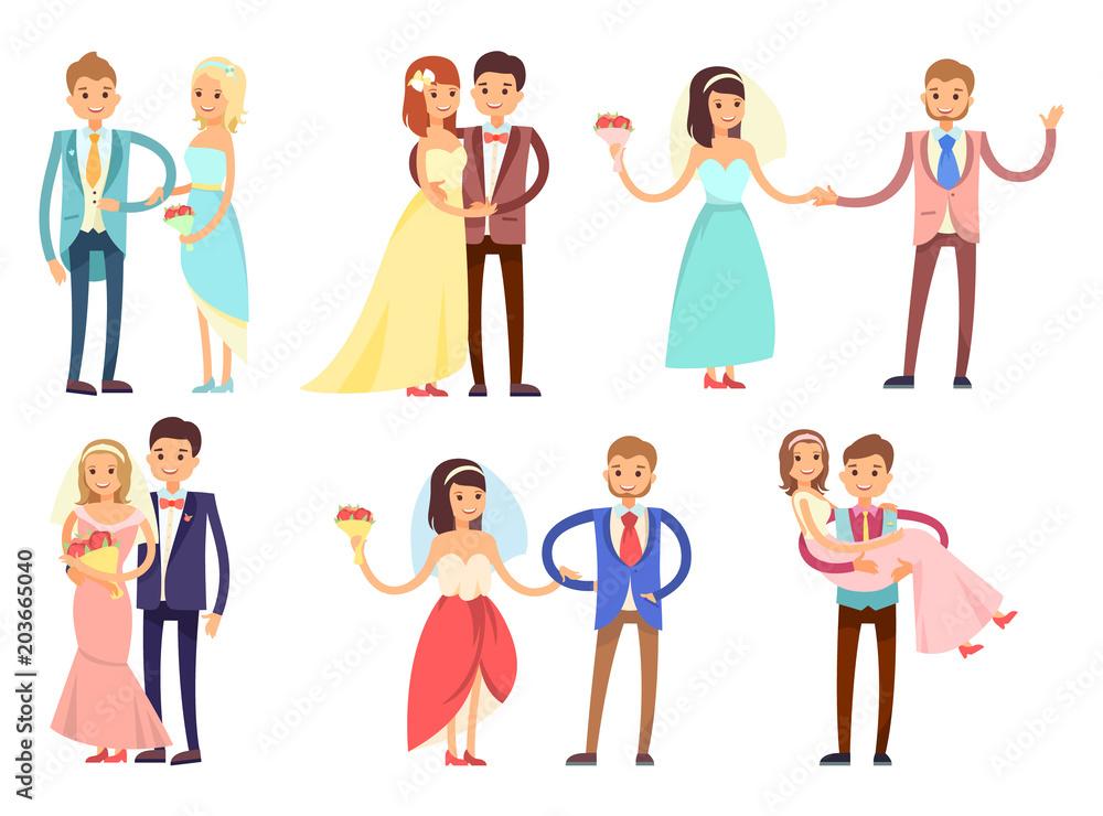 Newlyweds in Wedding Gowns and Festive Suits Set Newlyweds in Wedding Gowns and Festive Suits Set