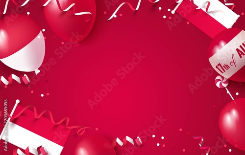 17 August. Indonesia independence day celebration background with balloons, flag and confetti. Festive frame flat lay. Vector illustration