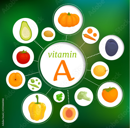 The content of vitamin a in vegetables and fruits. Foods high in retinol and carotene. Vector collage of healthy eating.
