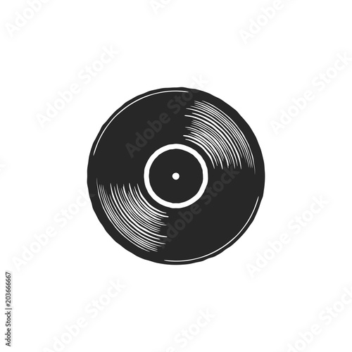 Vintage hand drawn vinyl LP record with gray label. Black Old technology  realistic retro design. Illustration. Stock musical plate icon isolated on white background