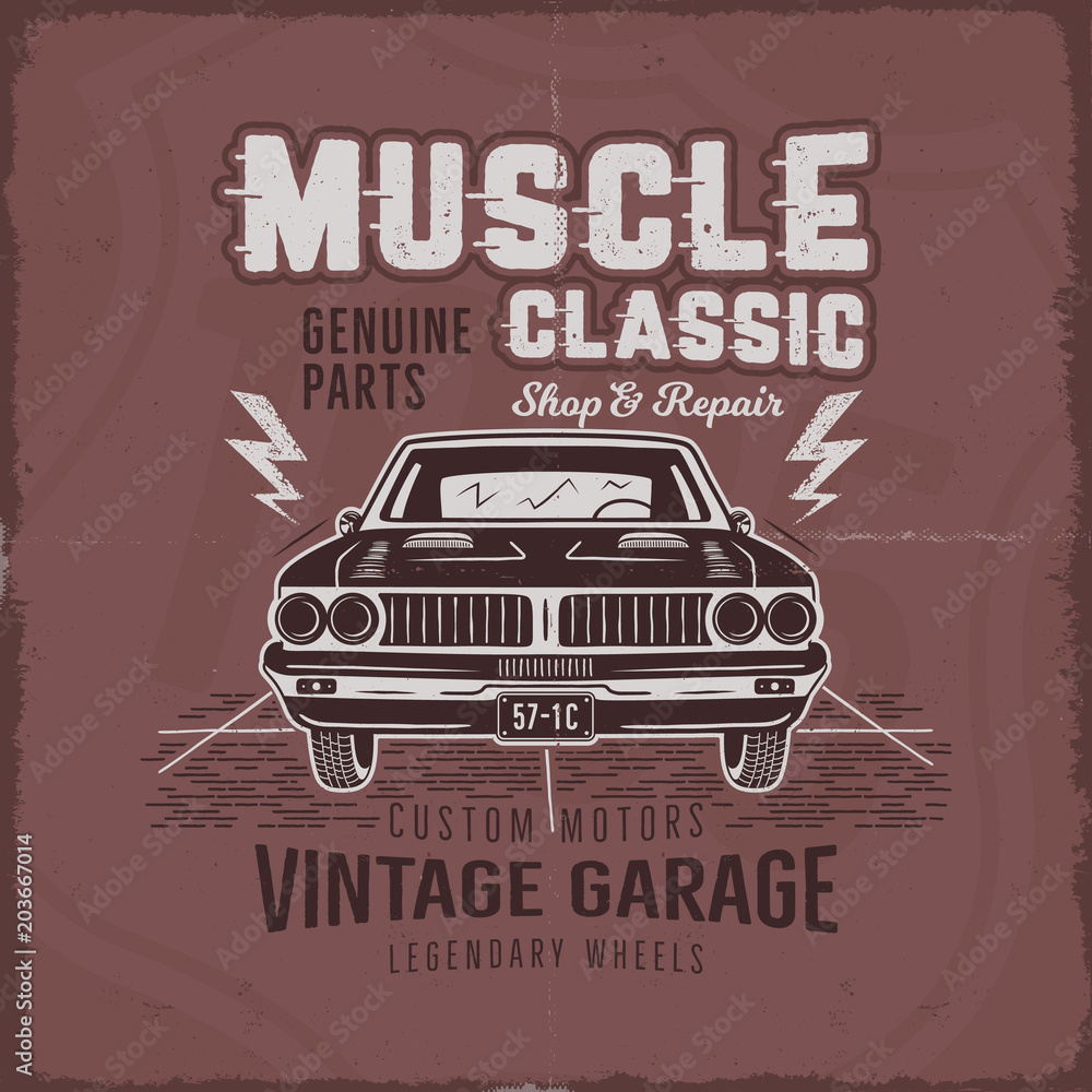 Vintage hand drawn muscle car t shirt design. Classic car poster with typography. Retro style poster with red grunge background. Old car logo, emblem template. Stock illustration