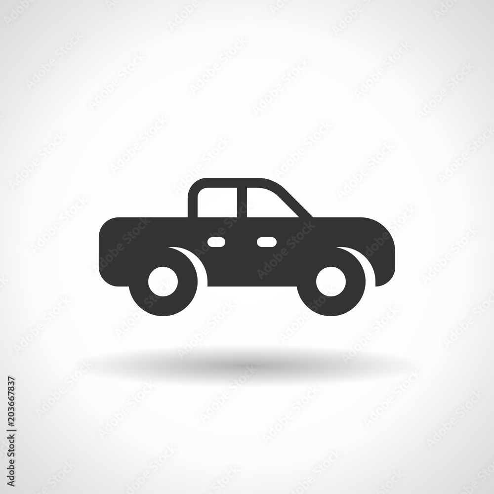 Monochromatic pickup truck icon with hovering effect shadow on grey gradient background. EPS 10