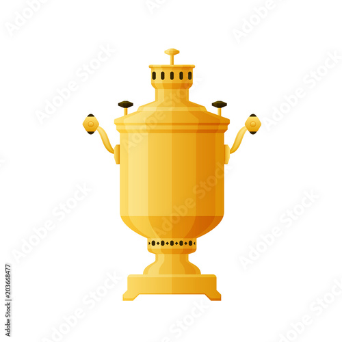 Russian culture. Traditional tea golden metal samovar for drinking tea.