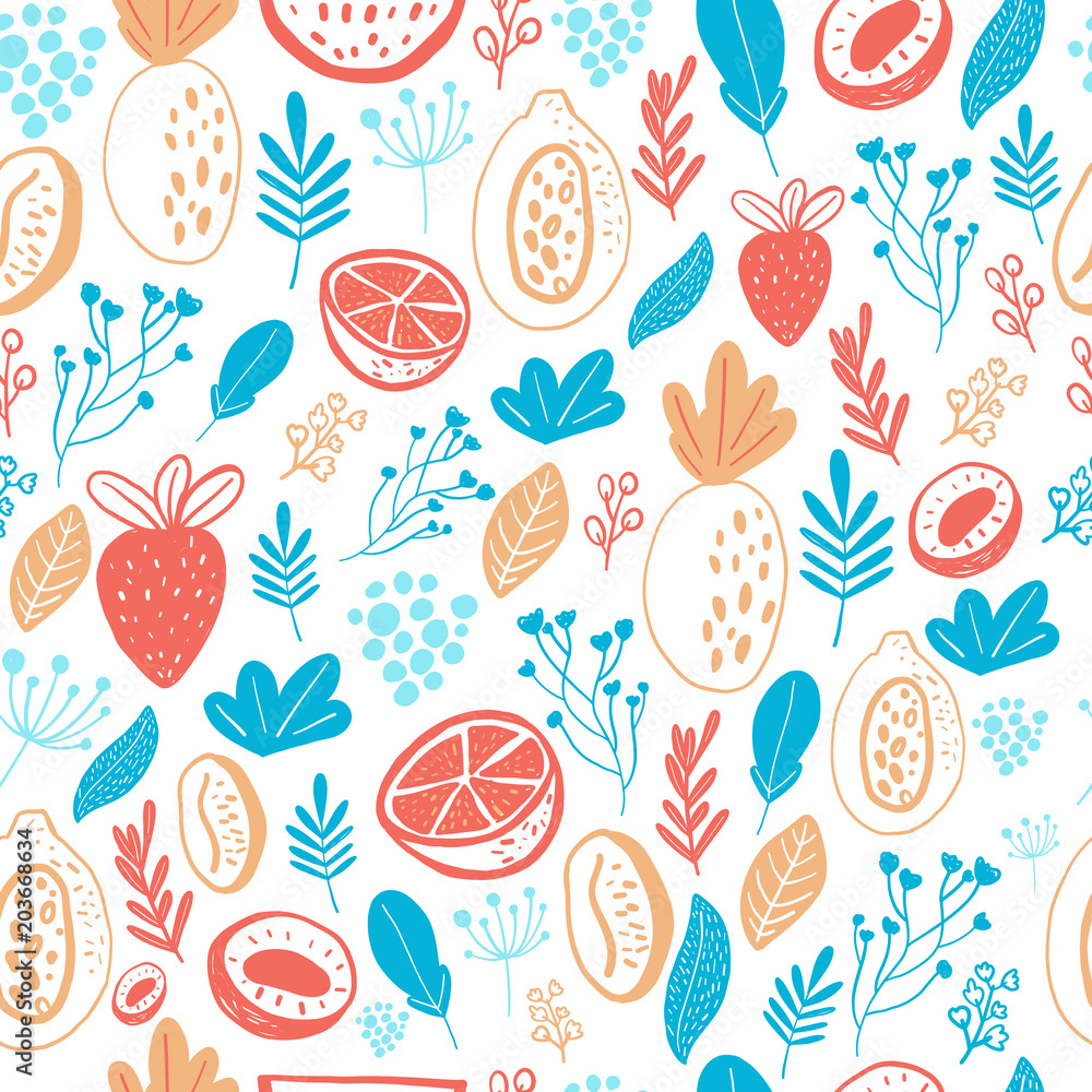 Cartoon doodle Seamless pattern background with fruits on white. Vector doodle strawberry, floral elements Cartoon doodle Seamless pattern background with fruits on white. Vector doodle strawberry, floral elements